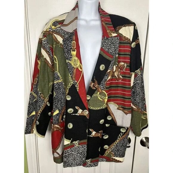 Raphael Lorenzo Vintage 1980s Gold Chain Print Blazer Women’s Sz Medium - Picture 1 of 8